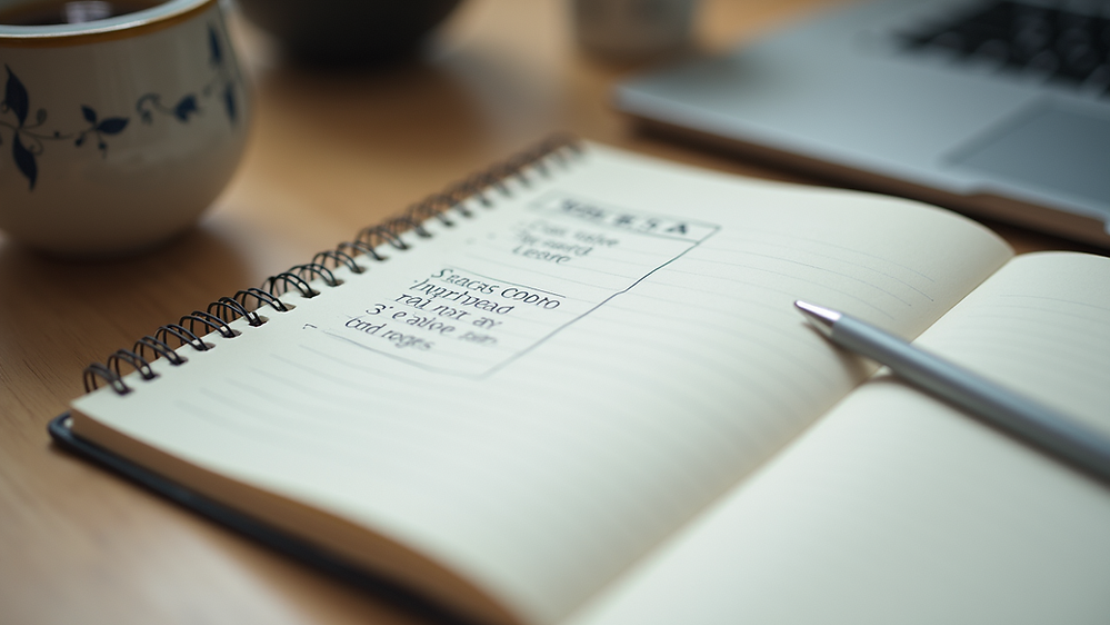 Close-up view of a notebook with mental health exercises